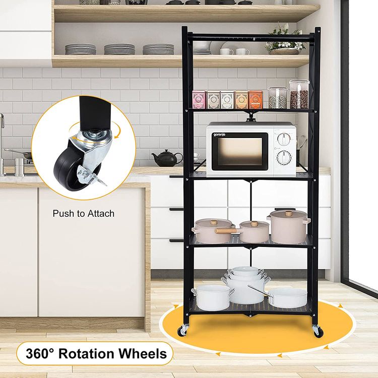 Multi-tier foldable storage rack with movable 360-degree rotatable tire