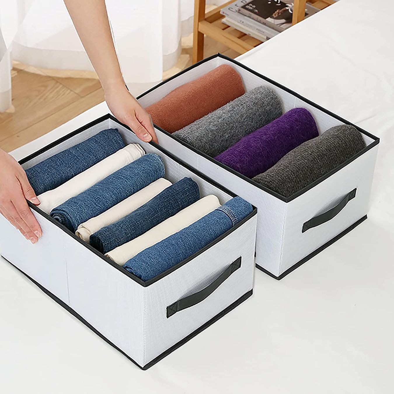 Two Cloth Organizer Wardrobe Storage Boxes filled with neatly folded clothes for easy storage and organization