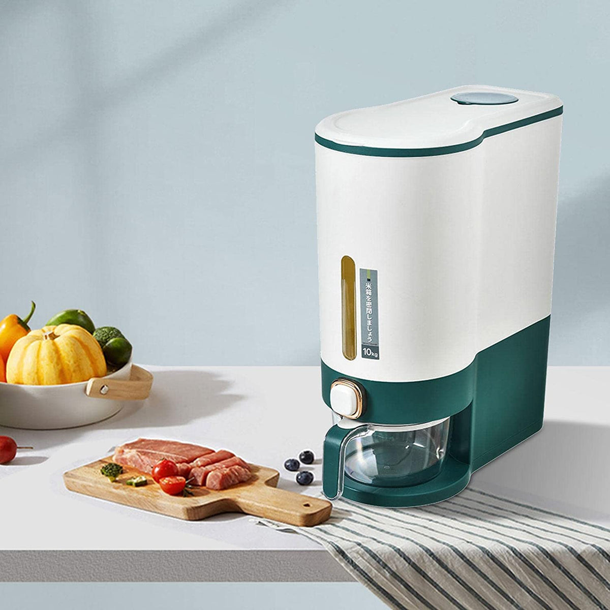 10 kg Single Grind Rice and Grain Dispenser placed next to some items