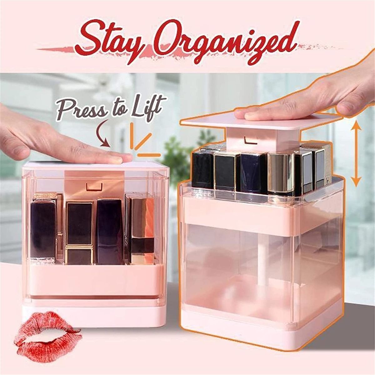 8/12 Grids Press Lift Cosmetic Storage Box, Press-To-Open Lipstick Organizer For Fast Pick