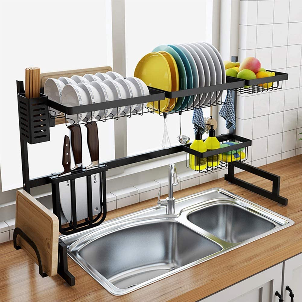 A dish rack with plates and dishes on it