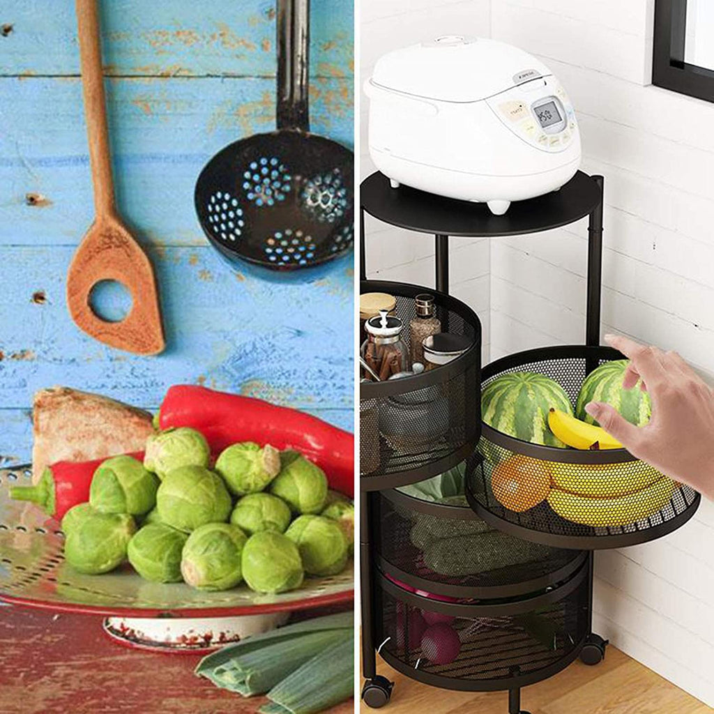 Multi- Layer Kitchen Storage Rotatable Rack, Round Basket Shelf Rack, Kitchen Fruit Vegetable Storage Organizer Cart with Wheels Multi- Layer Kitchen Storage Rotatable Rack, Round Basket Shelf Rack, Kitchen Fruit Vegetable Storage Organizer Cart with Wheels