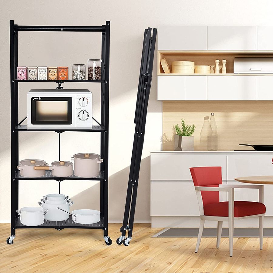 Multi-tier foldable storage rack with movable wheels placed in the room