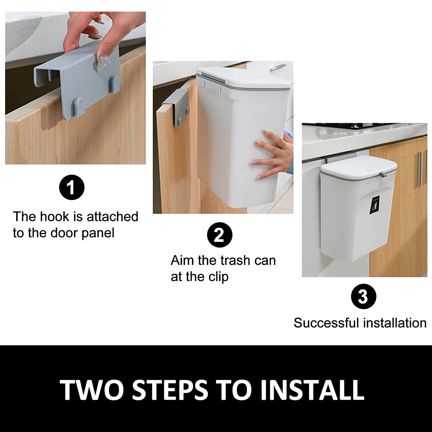 Visual instructions on how to use a kitchen cabinet door wall-mounted hanging trash can