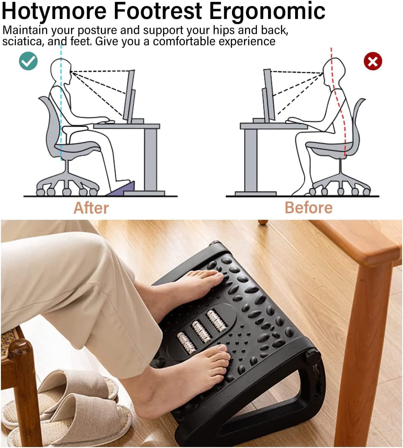 A person using an adjustable footrest designed for home office use