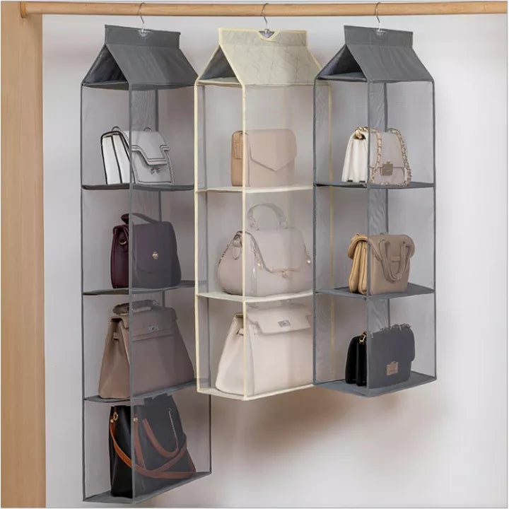 A Group Of Multi Layer Hanging Handbag Wardrobe Organizer On A Rack