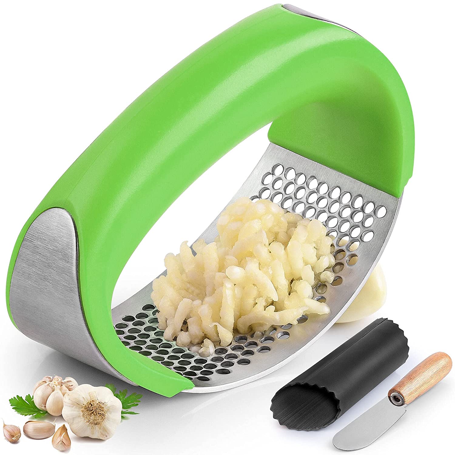 Stainless Steel Garlic Press with Comfortable Grip in green color