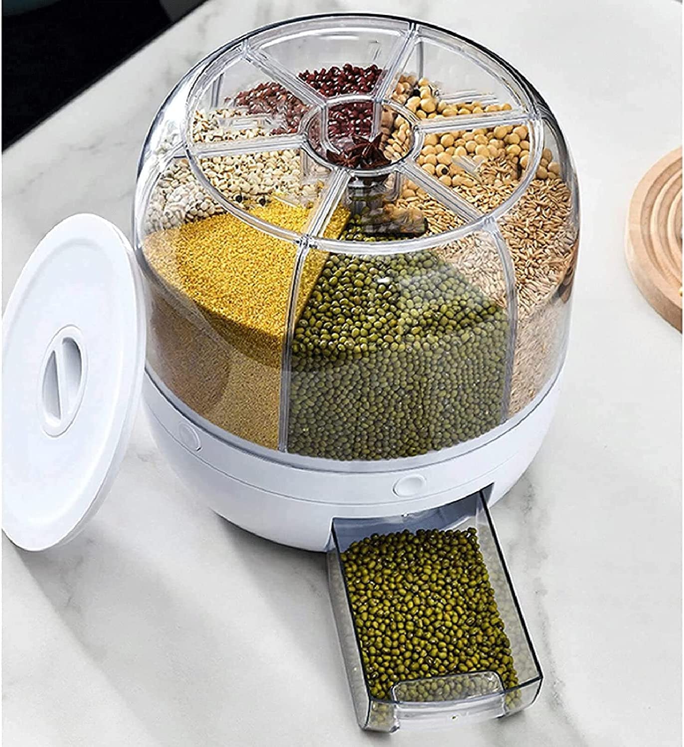 Rotating Rice Dispenser 6-Grids Rice Cereal Grains Storage Container, One-Click Rice Output