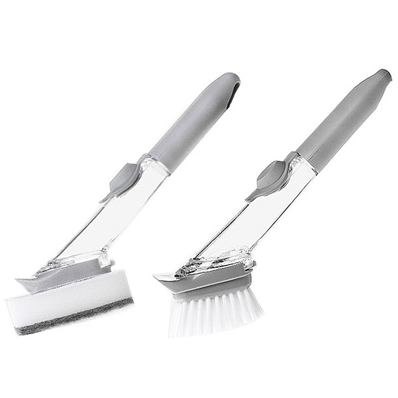 Two pieces of soap-dispensing dish brushes