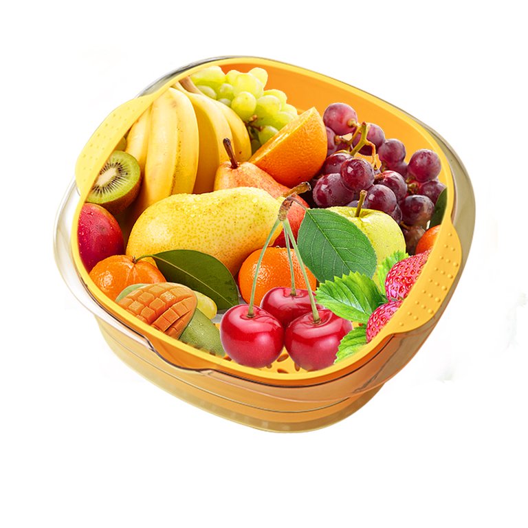 Double Layer Vegetable Fruit Washing Drain Basket Storage in yellow color