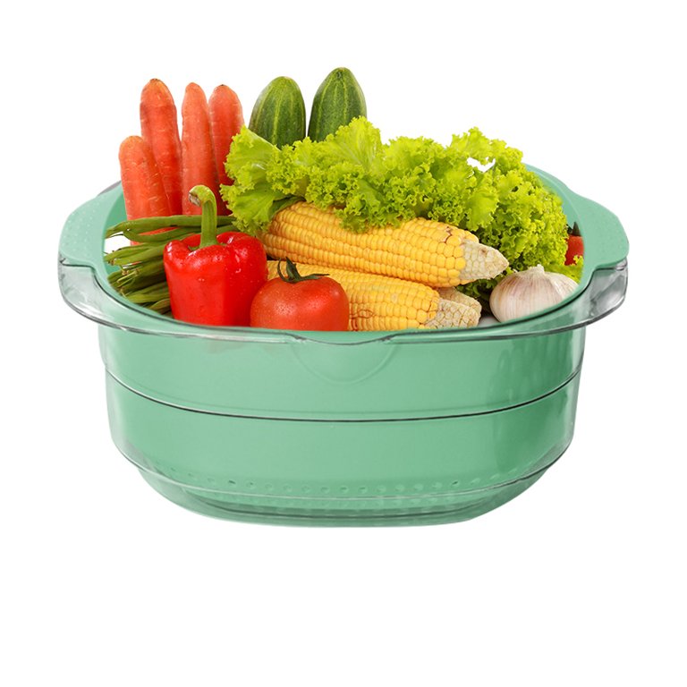 Double Layer Vegetable Fruit Washing Drain Basket Storage with some vegetables