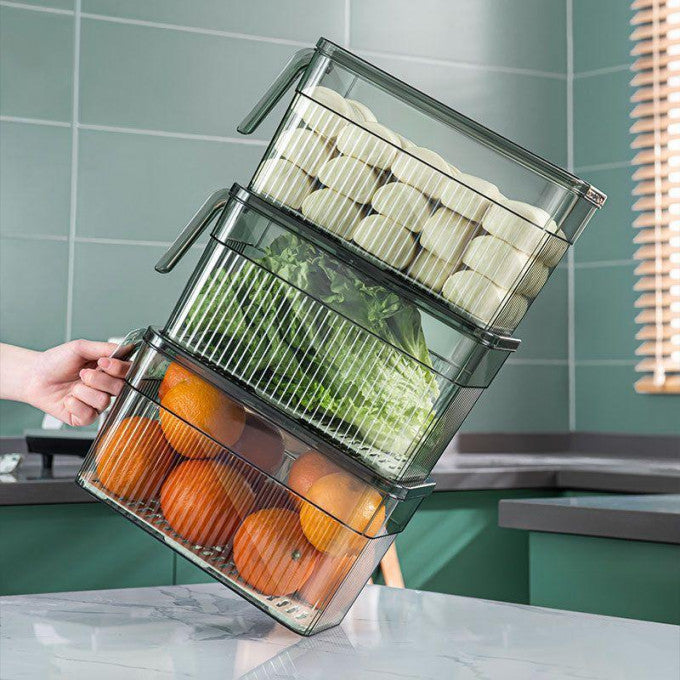 Transparent Fridge Organizer Storage Box with Drain Tray & Freshness Timer