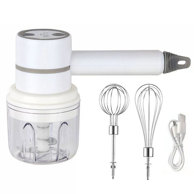 3in1 Wireless USB Garlic Chopper Egg Beater 3-Speed Control Waterproof with 2 Mixing Rods