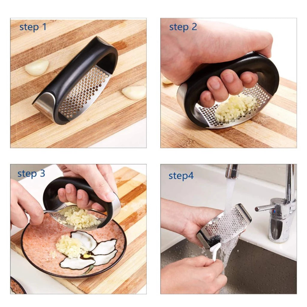 Someone using a Stainless Steel Garlic Press with a comfortable grip