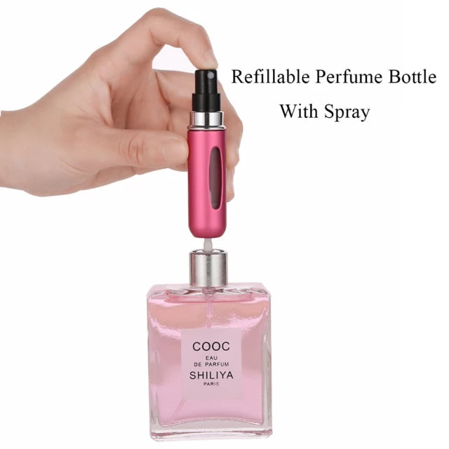 A hand holds a pocket-sized perfume refill bottle with a sprayer, trying to refill