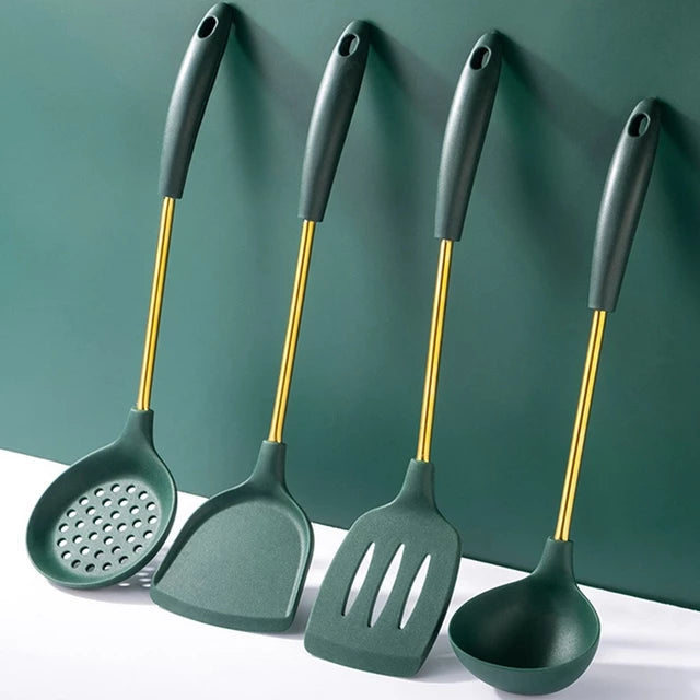 Stainless Steel Silicone Non-Stick Kitchenware Set in dark green color