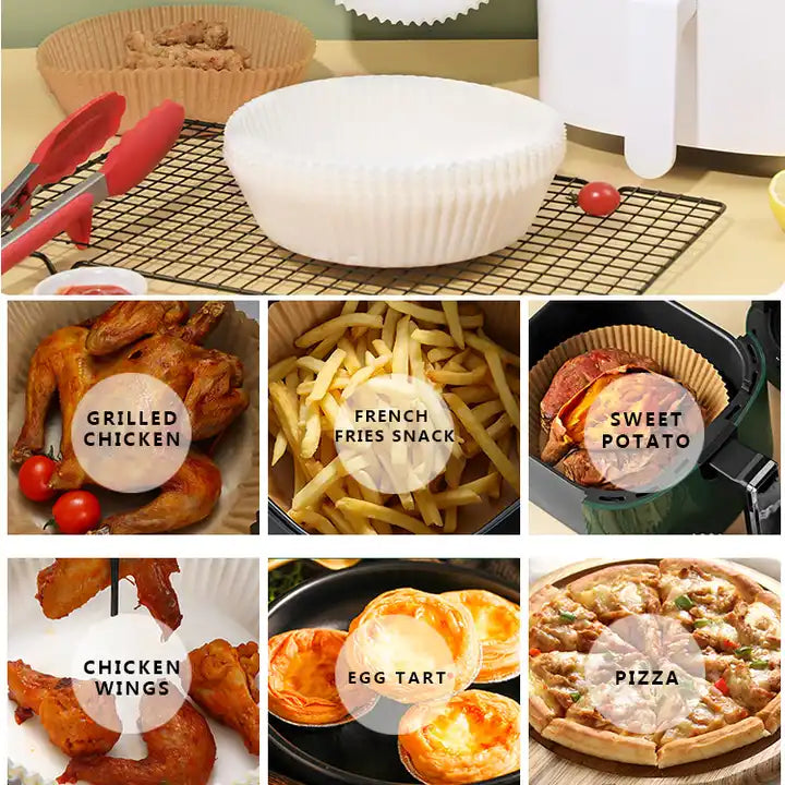 A group of disposable air fryer paper liners with food in them