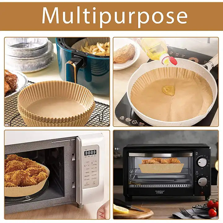 A group of disposable air fryer paper liners with food in them