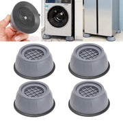 Collage image displaying Washing Machine Foot Pads on a persons hand,installed on a two washing machine and it showcases four separately 
