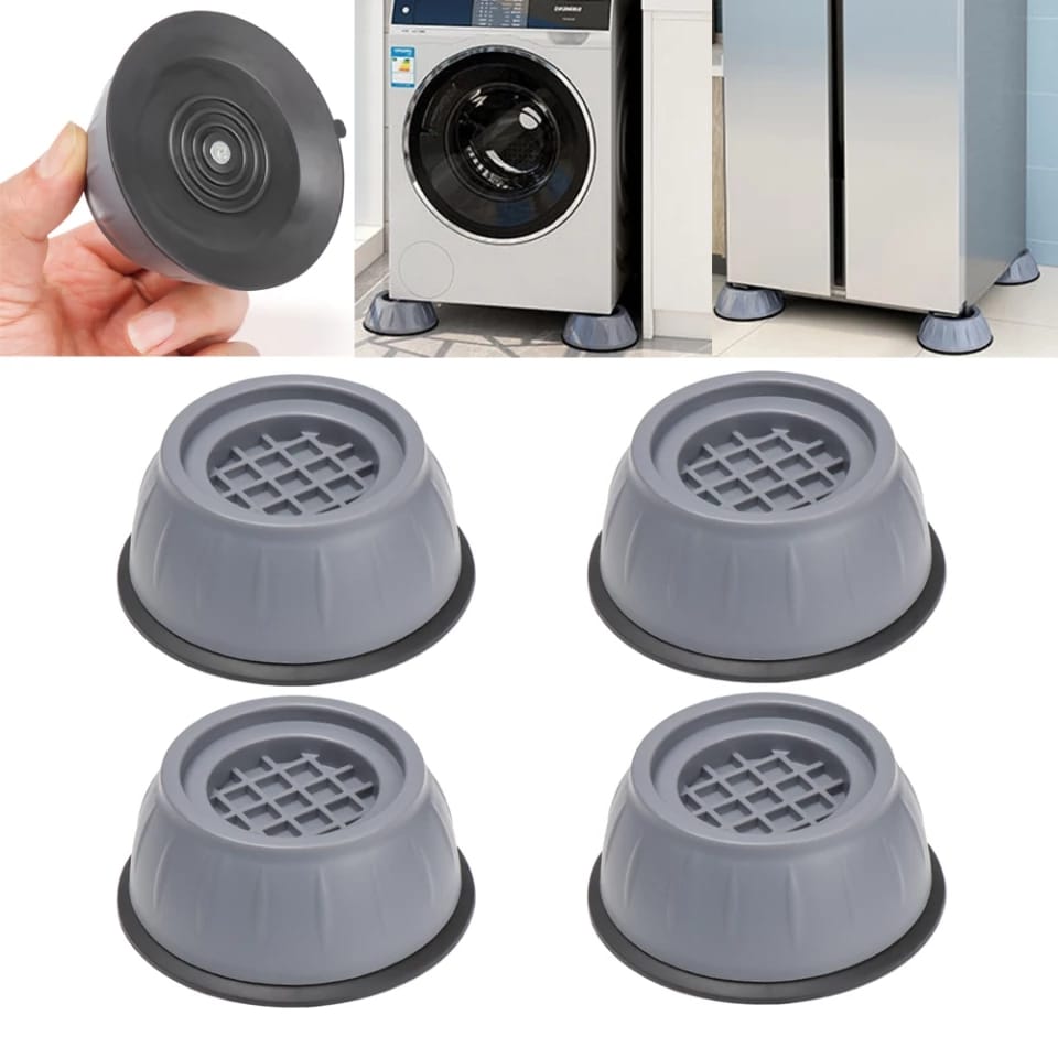 Collage image displaying Washing Machine Foot Pads on a persons hand,installed on a two washing machine and it showcases four separately 