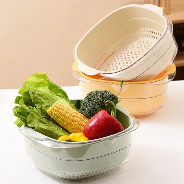 Double Layer Vegetable Fruit Washing Drain Basket Storage for Kitchen