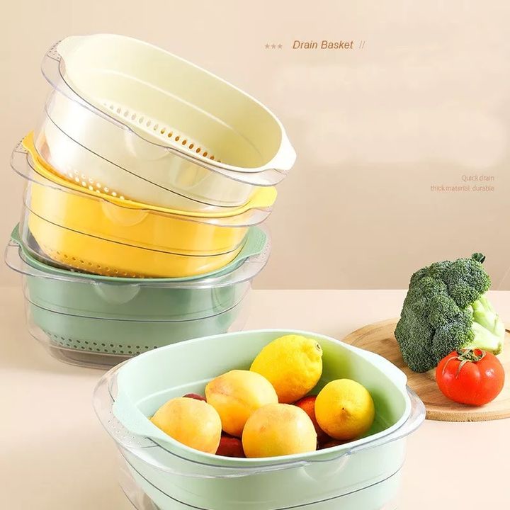 Different colors of Double Layer Vegetable Fruit Washing Drain Basket Storage