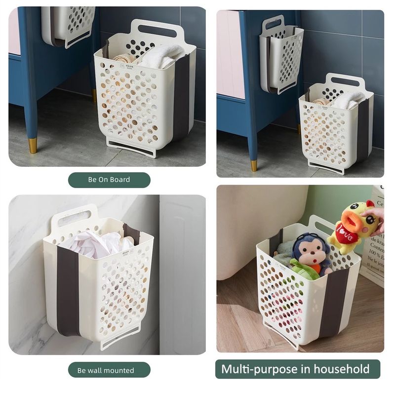Collapsible Wall Mount Laundry Basket placed in multiple spaces