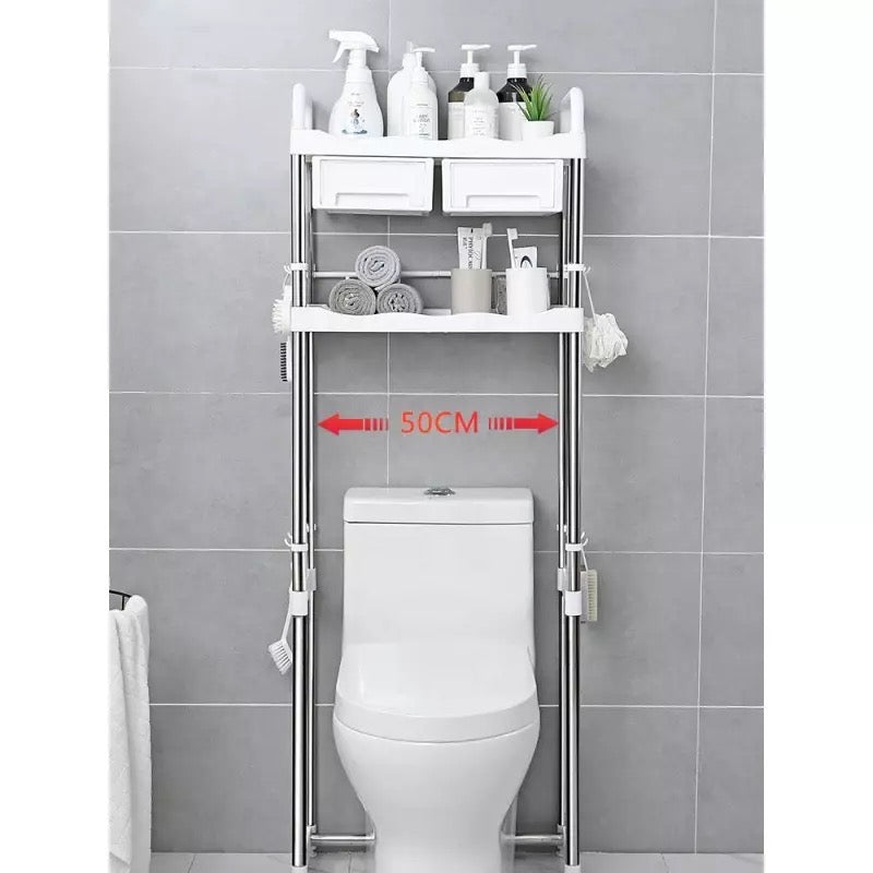 Some items on the 2-tier toilet storage rack with shelf