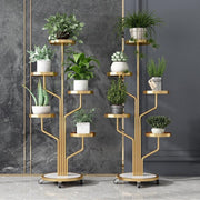 Two Golden color Indoor Plant Stands placed in a room along with plants