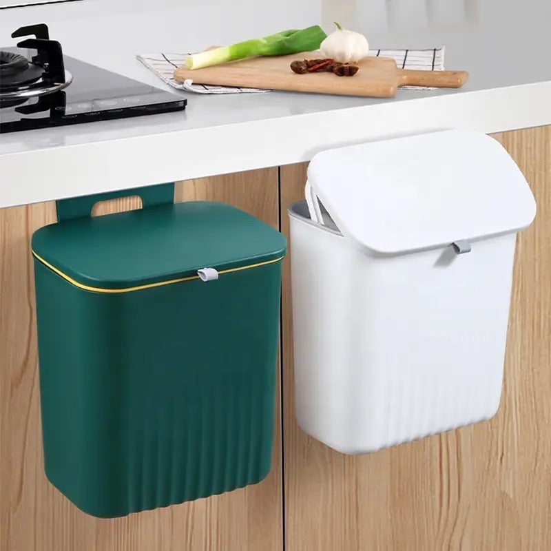 green and white 9L Trash Can Wall Mounted Hanging Bin for Kitchen Cabinet Door