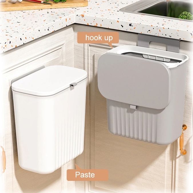 Installed in a different way, the 9L Trash Can Wall Mounted Hanging Bin for the Kitchen Cabinet Door with Lid