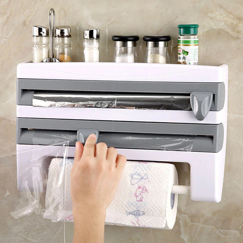 4 In 1 Foil Dispenser Paper Towel Holder Kitchen Spice Shelf Plastic Wrap  Organize Cling Film Cutting Holder Kitchen Accessories