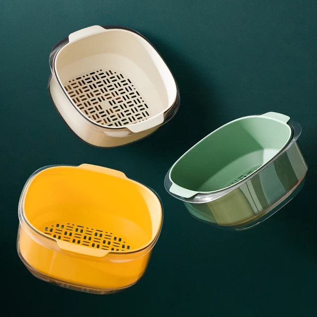 Different colors of the Double Layer Vegetable Fruit Washing Drain Basket Storage