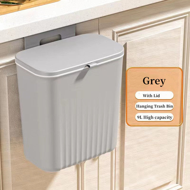 9L Trash Can Wall Mounted Hanging Bin for Kitchen Cabinet Door in gray color