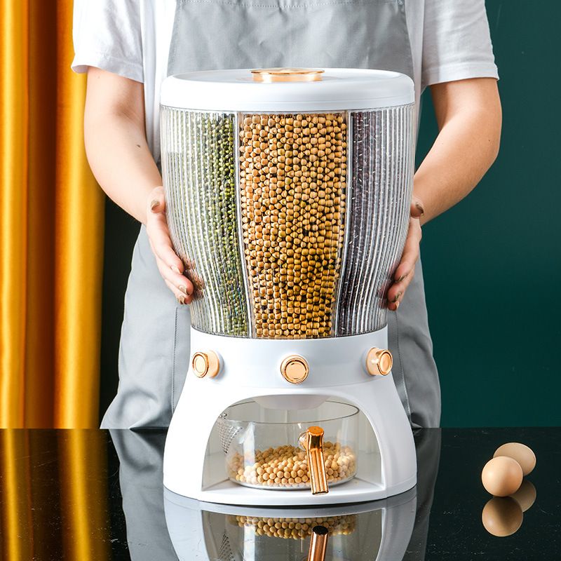 Someone holding the 4-Grid 10L Kitchen Dry Food Cereal Rice Dispenser Storage