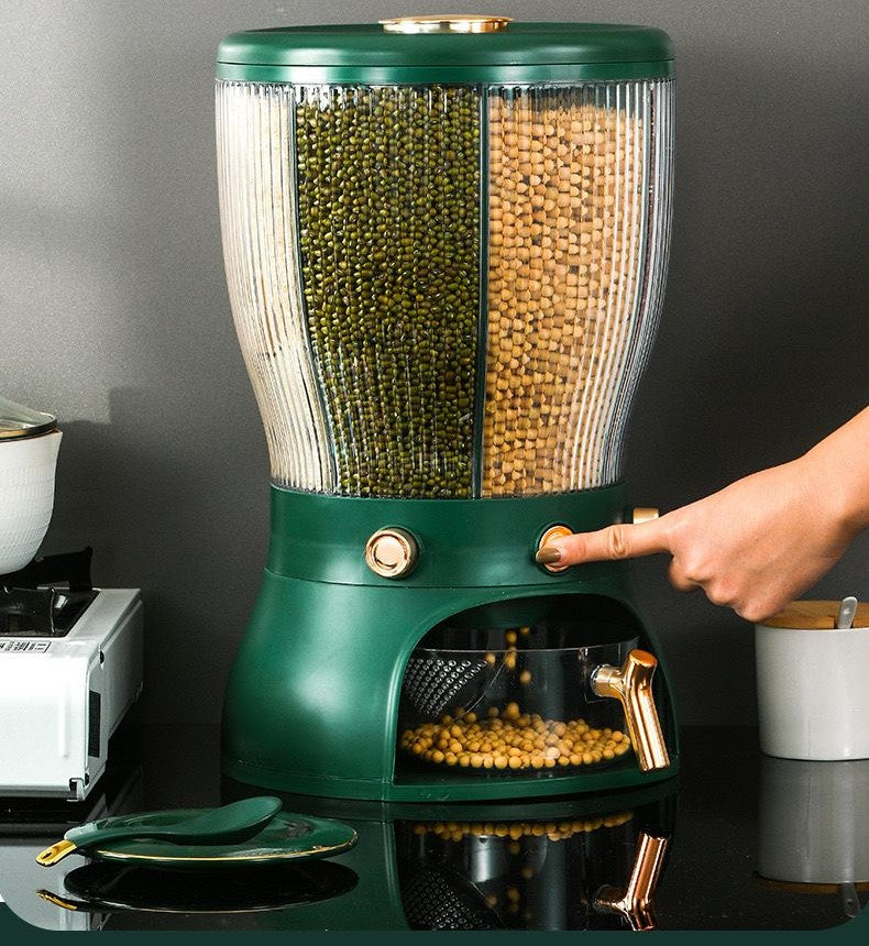 Someone pressing the switch of the 4-Grid 10L Kitchen Dry Food Cereal Rice Dispenser Storage