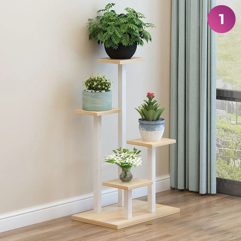 4-Layer Indoor Plant Stand with some plants placed next to a window in a room 