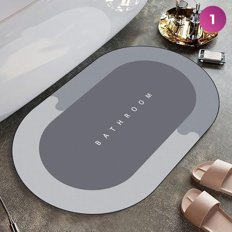 Bathroom Floor Mat placed next to a bath essential set and slippers
