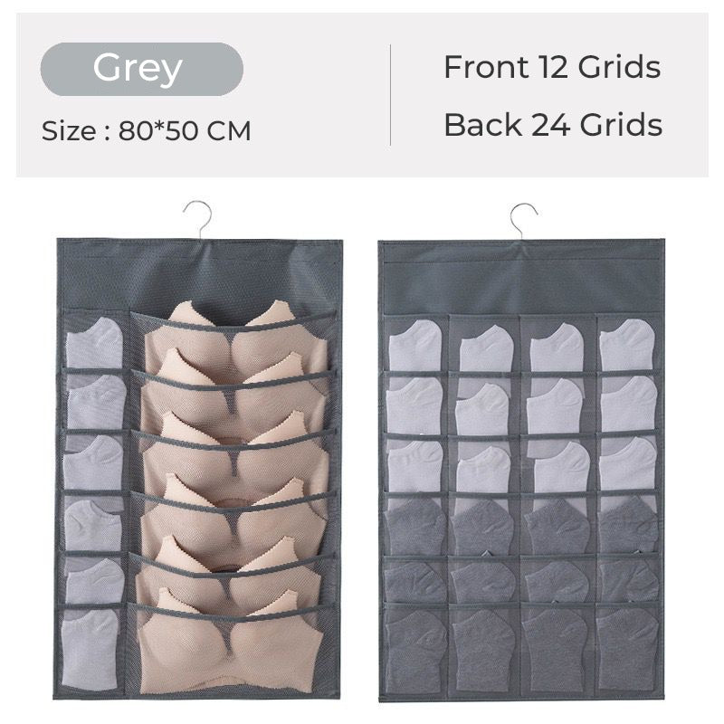 Underwear are organized using 36 Grids Hanging Wardrobe Underwear Organizer  - Grey color garments organizer
