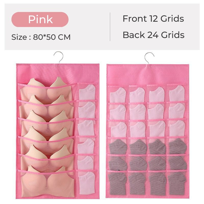 Underwear are organized using 36 Grids Hanging Wardrobe Underwear Organizer - pink color garments organizer