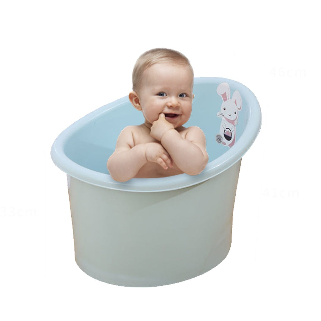 a baby sitting in the  Space Saving Sit and Soak Bucket Baby Bath Tub with Seat