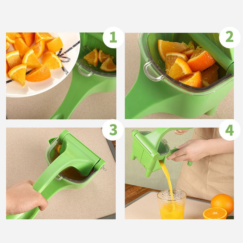 A collage of oranges being juiced with a manual juicer, handheld, non-electric lemon squeezer