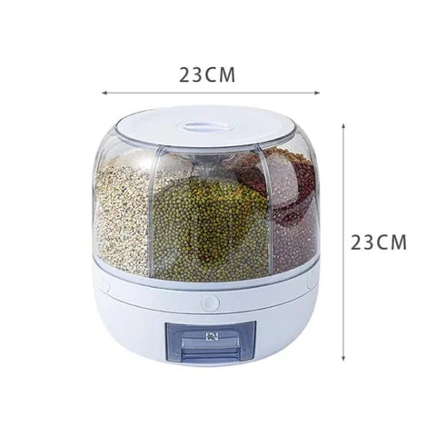 Rotating Rice Dispenser 6-Grids Rice Cereal Grains Storage Container, One-Click Rice Output