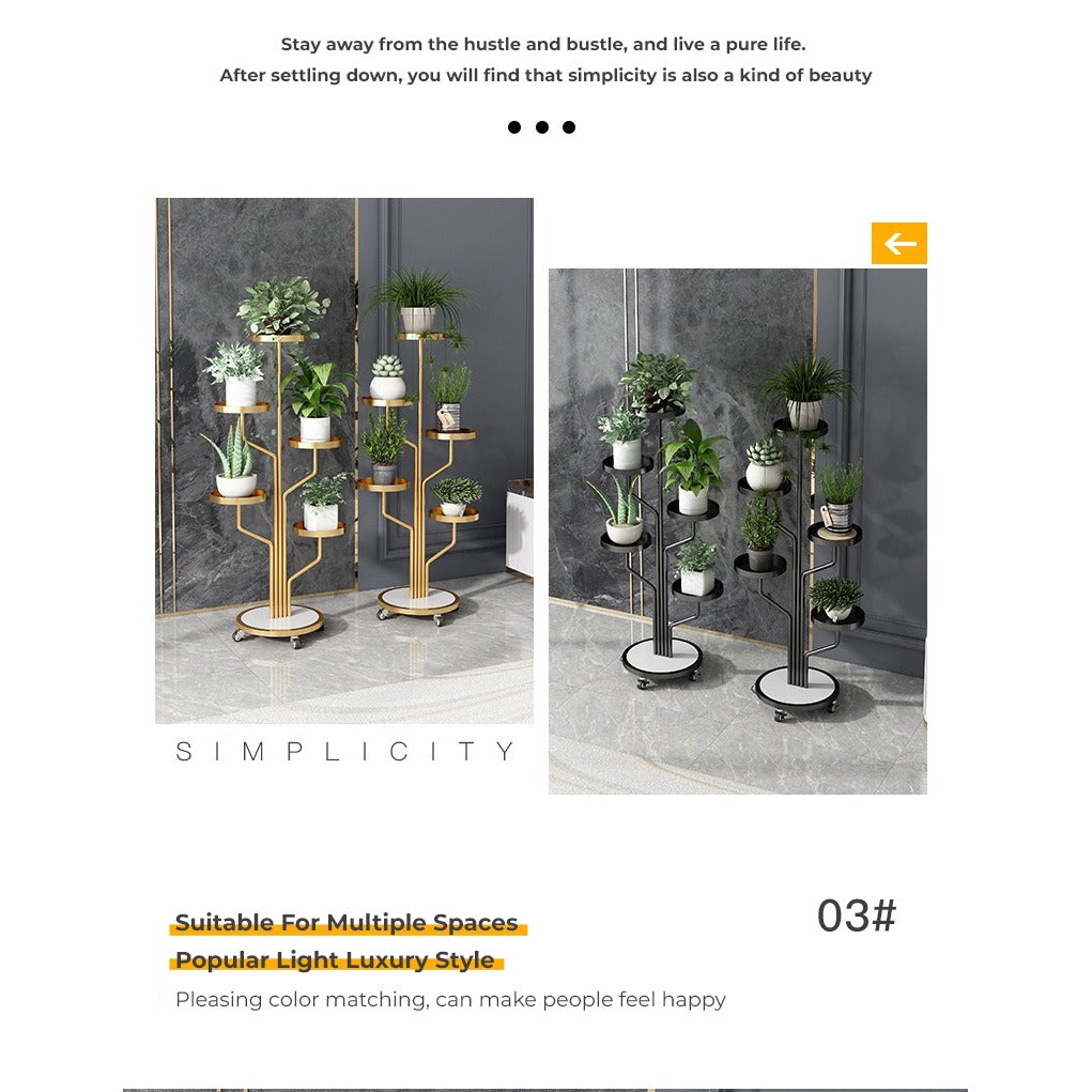 Collage image displaying Two Golden and on the other side Two Black color Indoor Plant Stands placed in a room along with plants