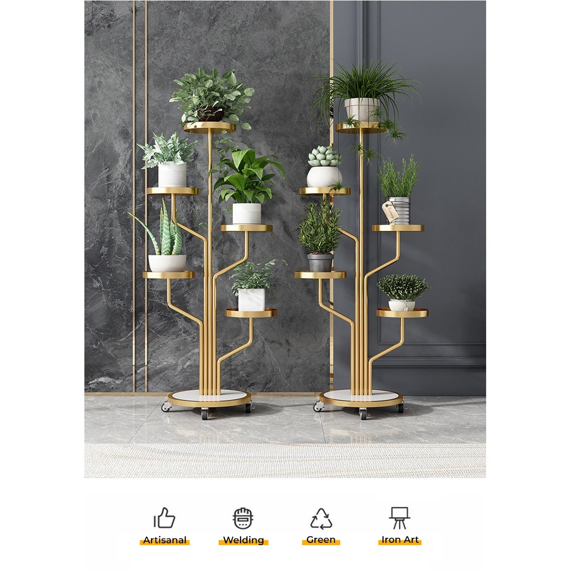 Image highlighting the features of Two Golden color Indoor Plant Stands placed in a room along with plants