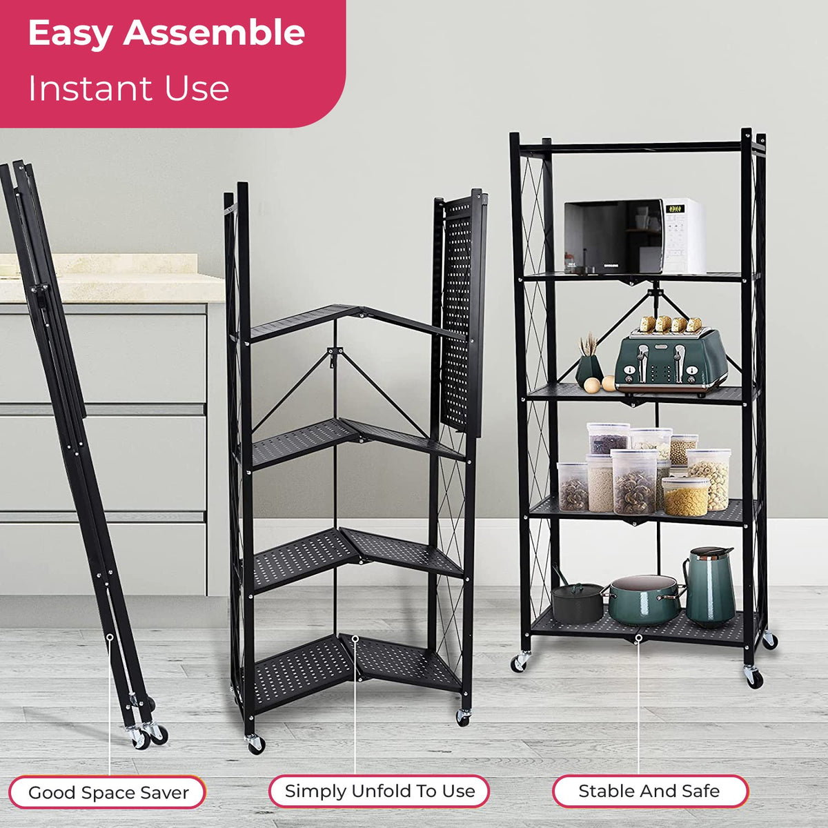 Multi Tier Foldable Storage Rack with Movable Wheel