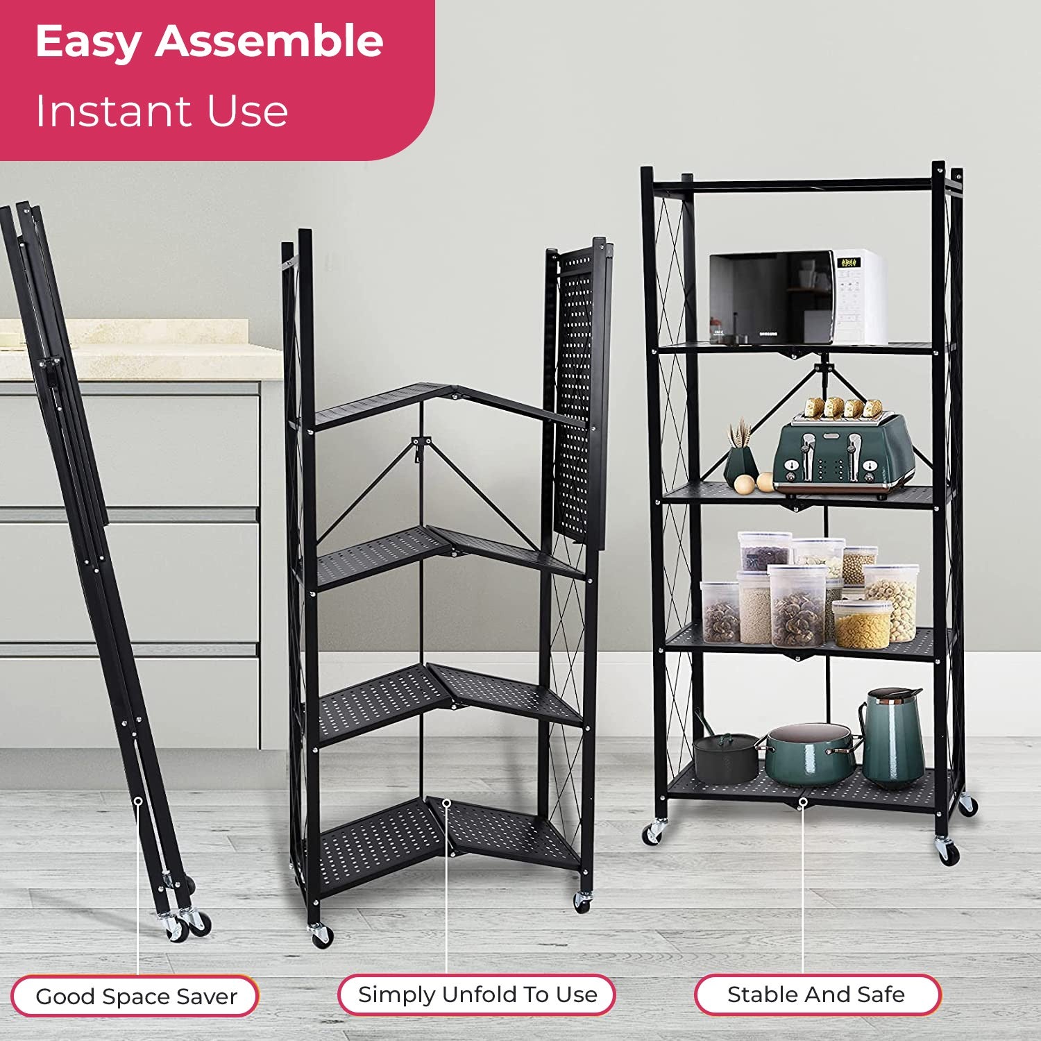Multi-tier foldable storage rack with movable wheels, easy to assemble