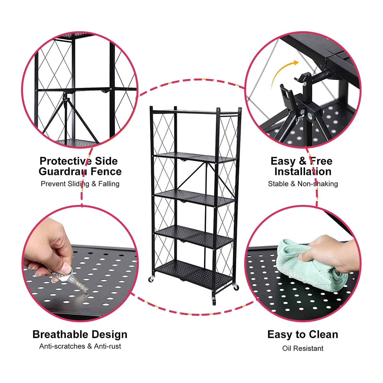 Multi-tier foldable storage rack with movable wheels, easy to clean