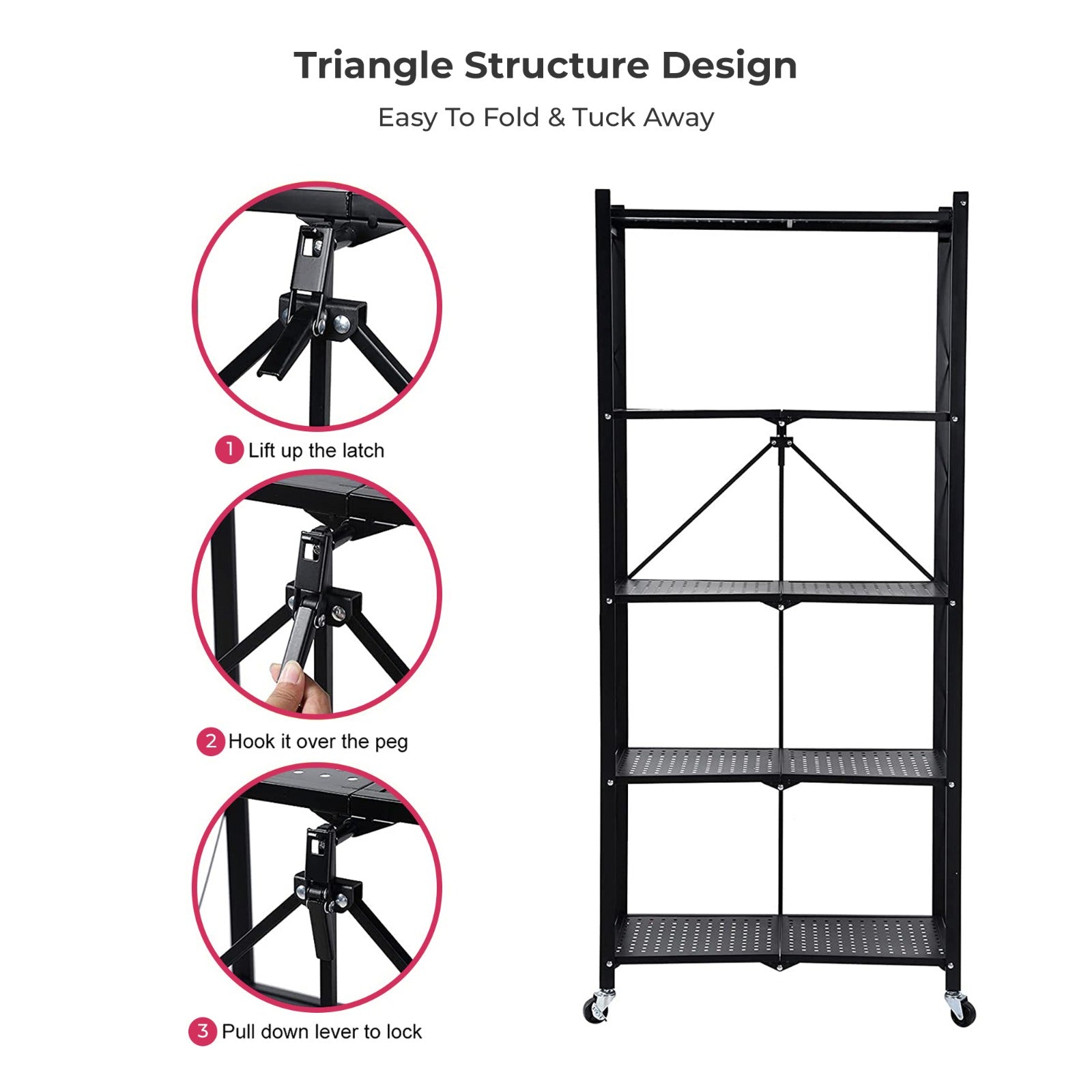 Multi-tier foldable storage rack with movable wheels with various features