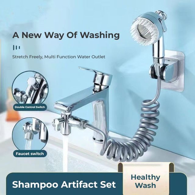 Showcasing a Rotatable Washbasin Faucet Shower which is installed on a wash basin faucet by highlighting its faucet switch and double control switch 